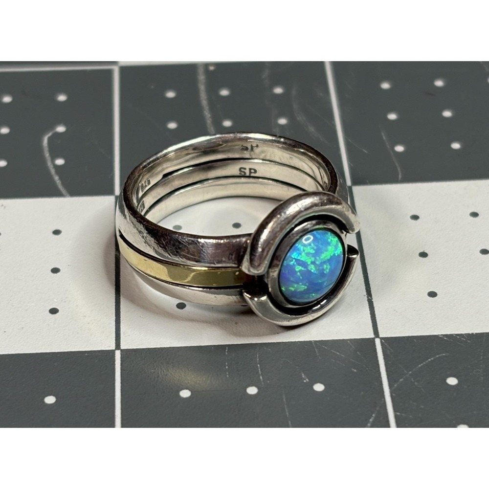 Vintage Sterling Silver 2 Pc Round Opal Ring & Guard Modernist Deco Size: 9 - Picture 1 of 9